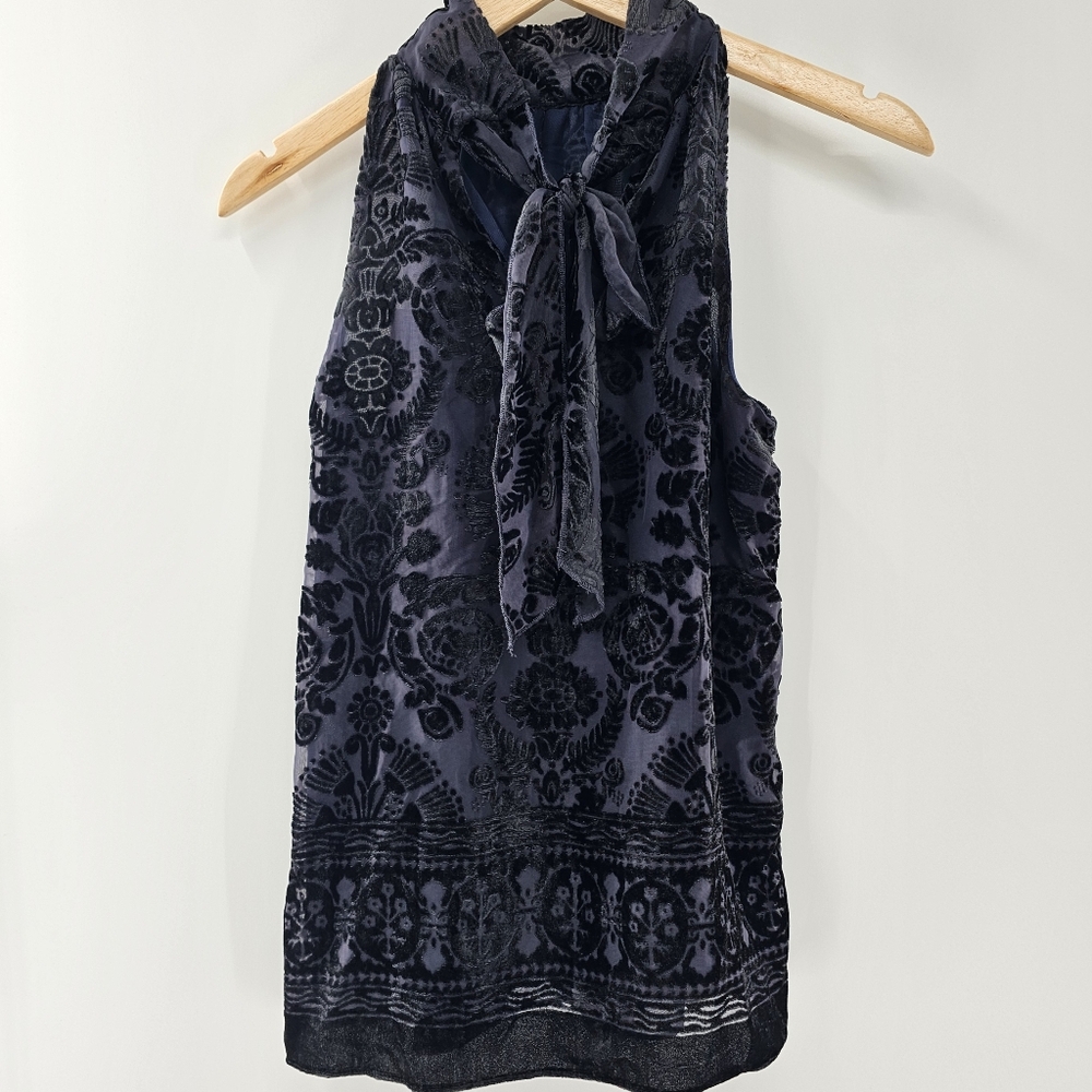Max Studio Midnight Blue w/ Black Velvet Devore Sleeveless Tie Neck Top XSmall - Picture 2 of 13